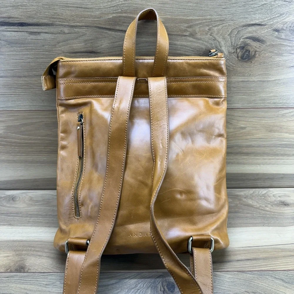 Andar Cognac Medium Zip Backpack Travel Genuine Leather Everyday Minimalist